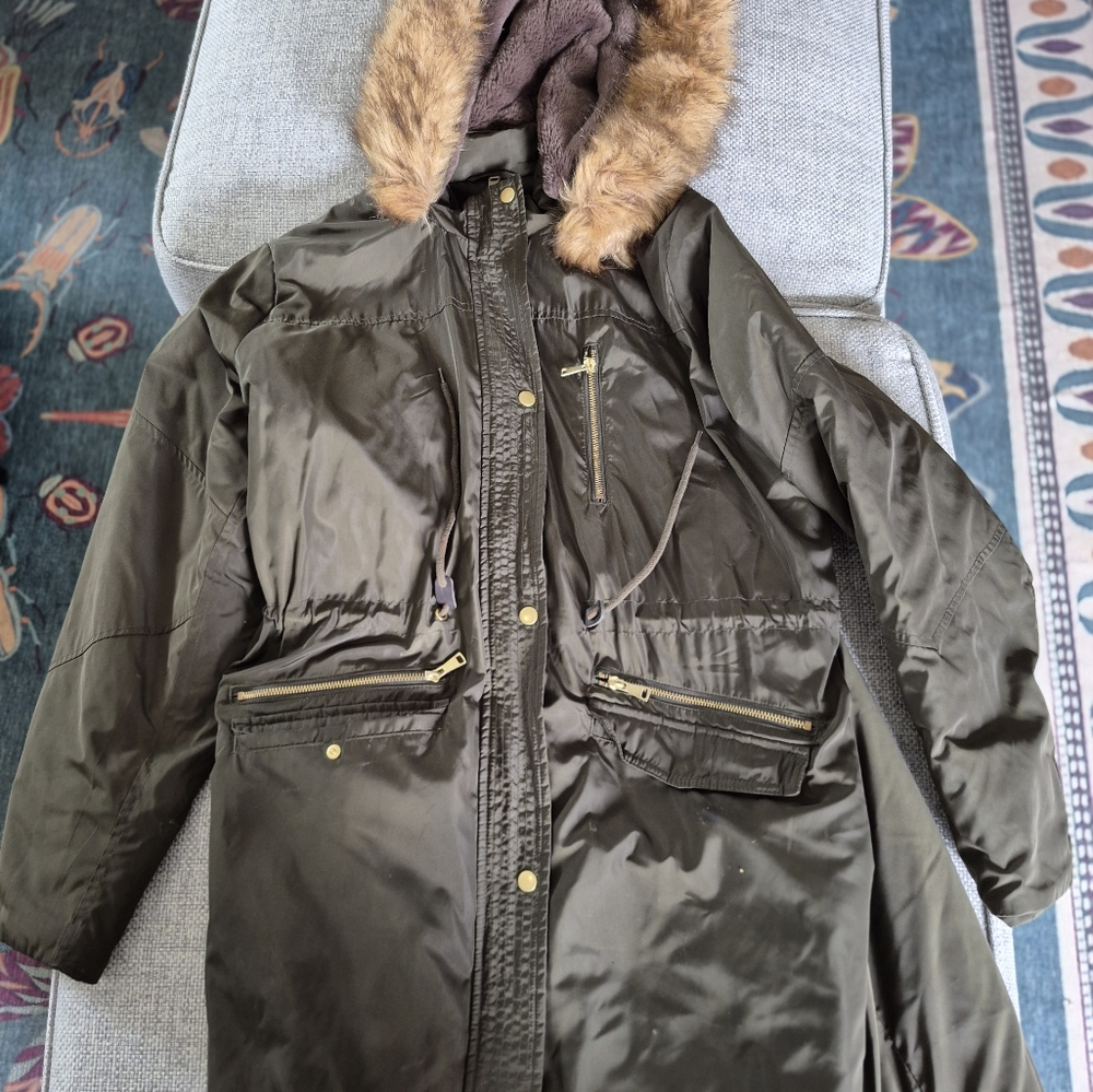 Mossimo Supply Co Green and Brown Ski Jacket with Faux Fur Hood